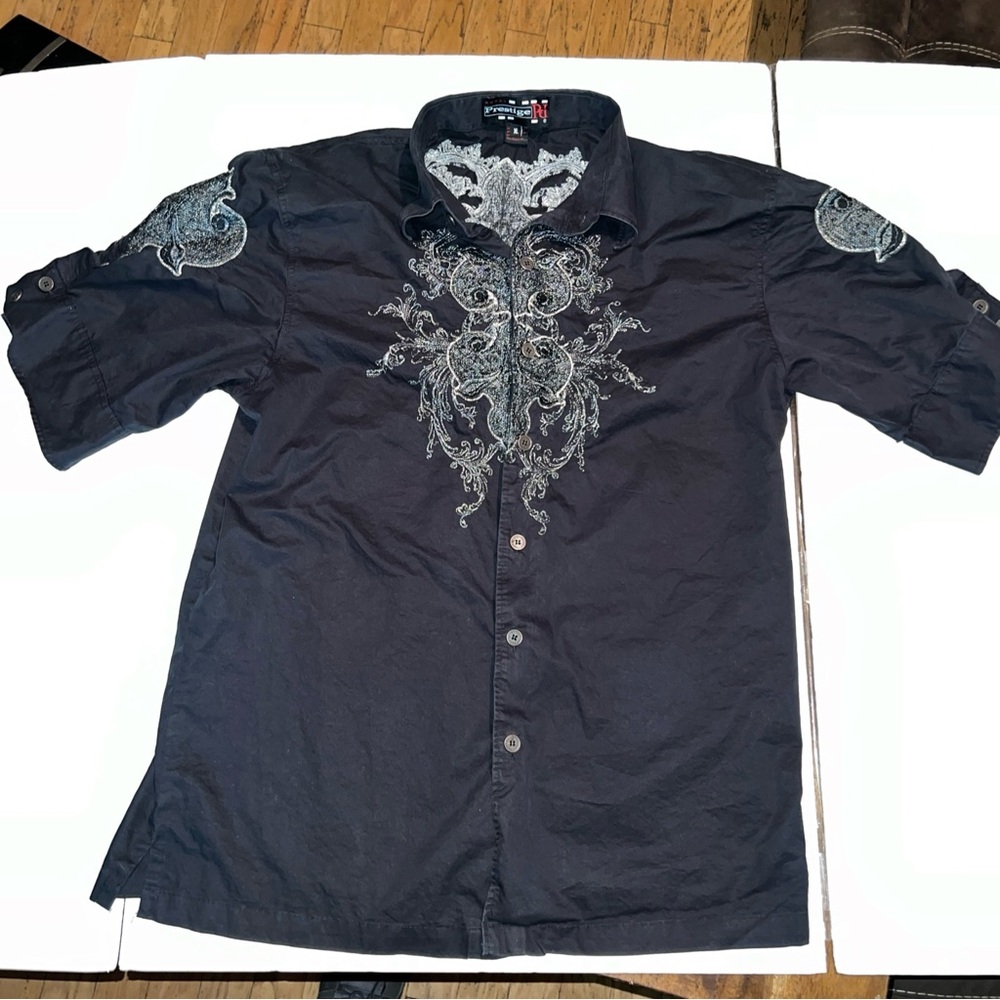 Men’s ROYAL PRESTIGE XL Black With Silver EMBROIDERED 100% COTTON SHIRT